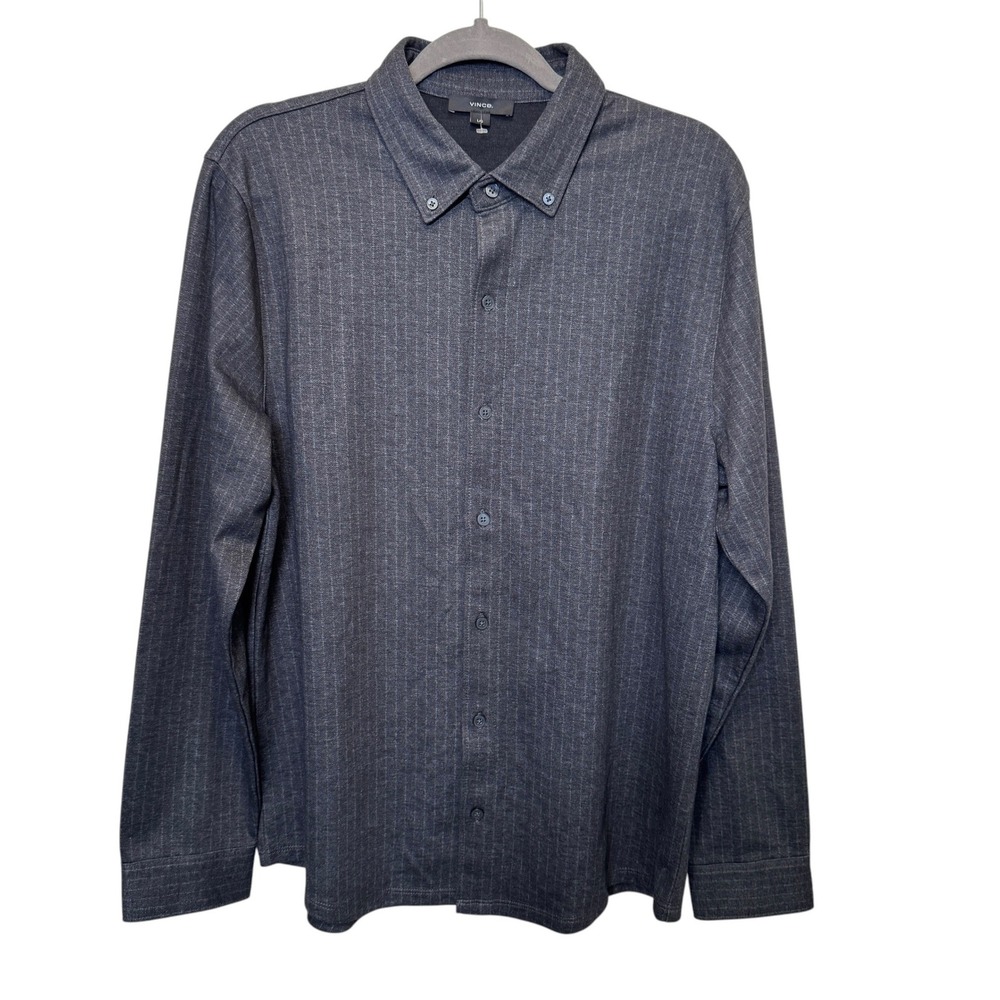Vince Mens Button Down Shirt L Grey Pinstripe Jersey Cotton Blend Quiet Luxury